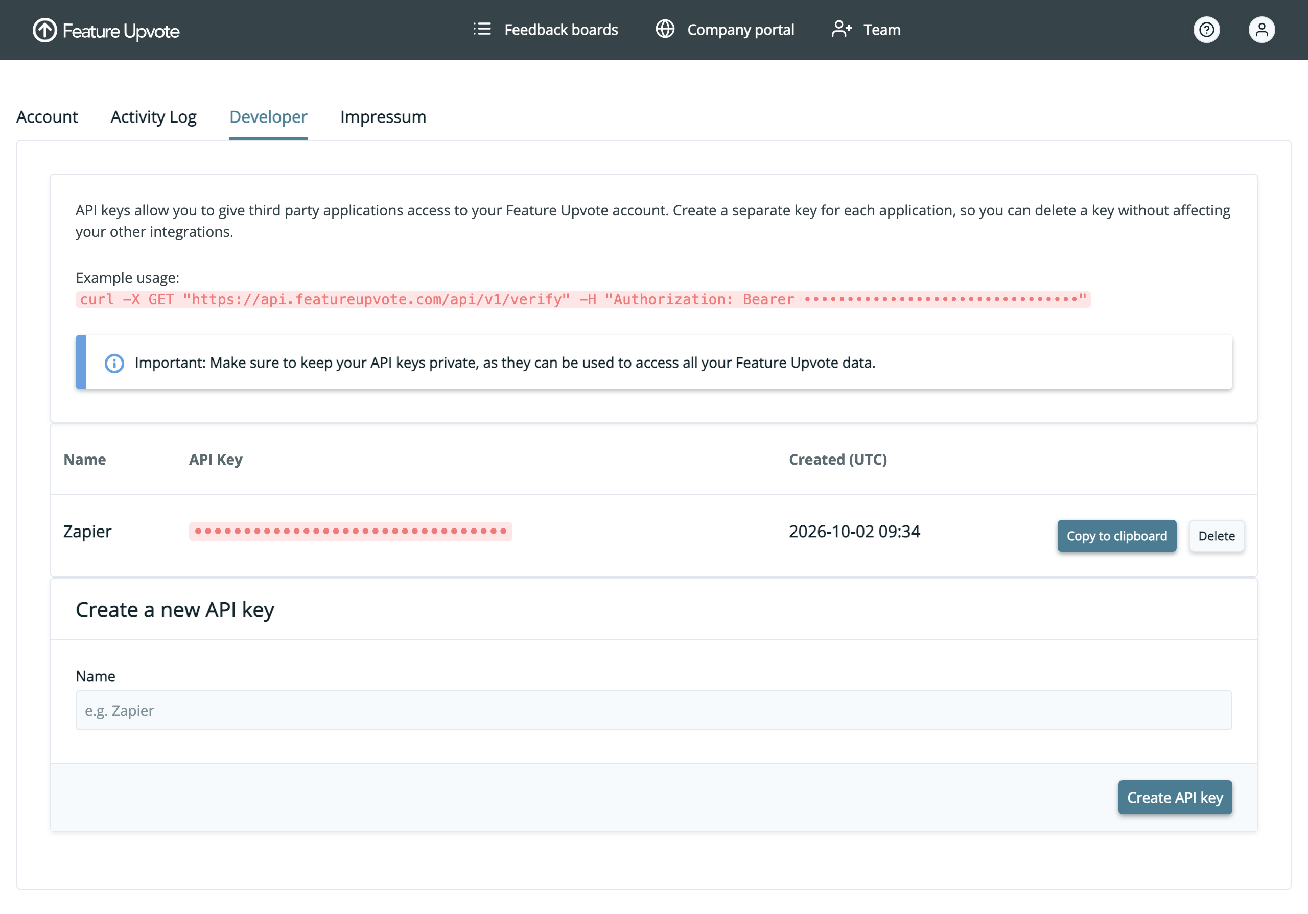 Screenshot of the Developer tab, showing an API key named Zapier and the Create a new API key form
