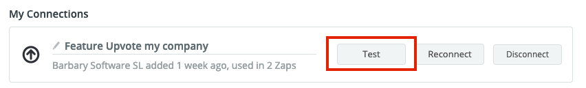 Screenshot of Zapier’s ‘Test’ button to check your Feature Upvote connection