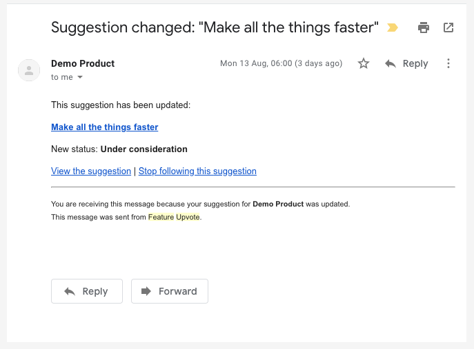 Sample notification email