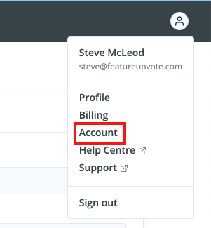 Screenshot of the user menu, with Account highlighted