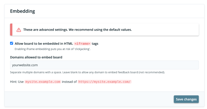 Configuring Feature Upvote to allow iframe embedding